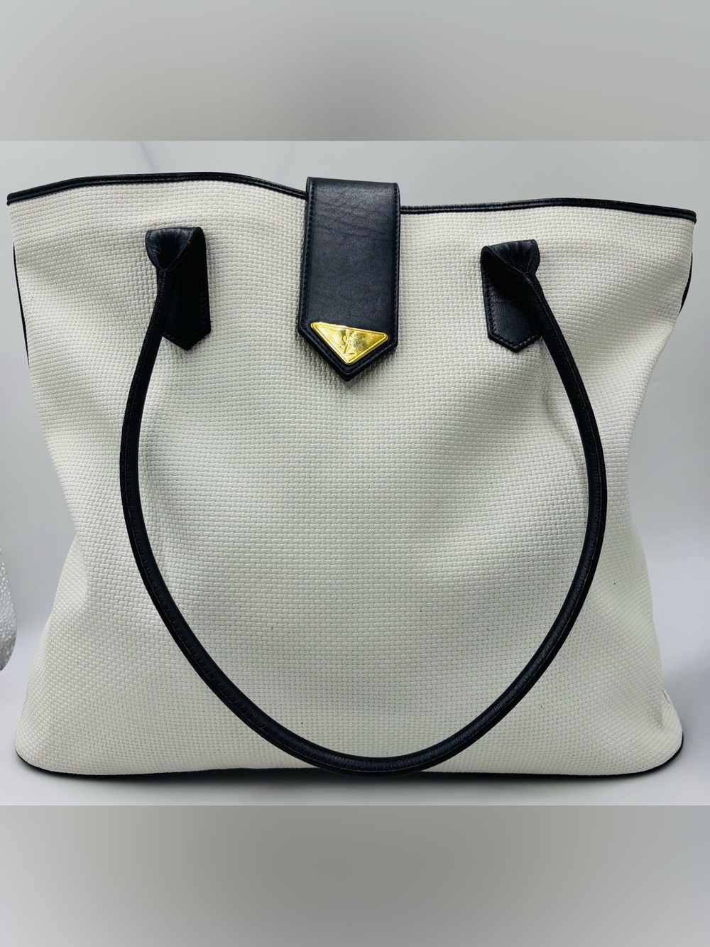 Yves Saint Laurent Black & White Tote with Leather Trim & Gold Hardware